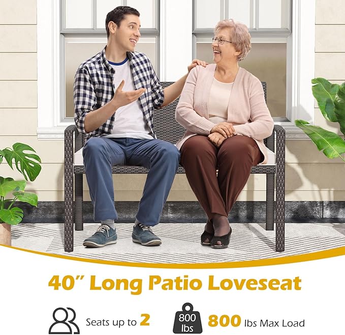 Tangkula Outdoor Rattan Bench, 2-Person Patio Loveseat with Removable Seat Cushion, Metal Frame, Backrest & Armrests, for Porch, Backyard, Garden, Balcony, Brown