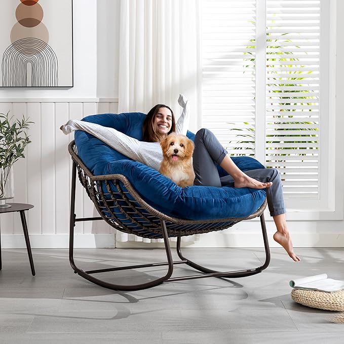 Large Indoor Outdoor Rocking Chair, Oversized Rocking Papasan Chair with Thick Cushion and Frame Outdoor Rocker, Comfy Wicker Egg Chairs Lounge for Outside Porch Patio Backyard Balcony (Blue)