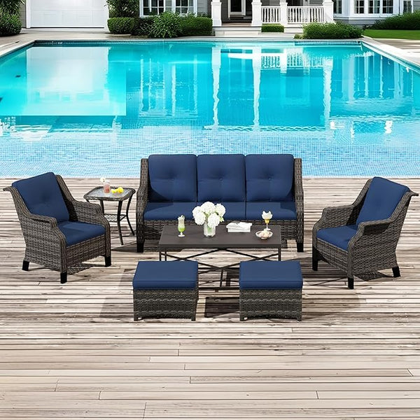 Wicker Patio Furniture Sets, 7 Pieces Outdoor Furniture with Patio Chairs, Outdoor 3-Seater Sofa, Ottoman, Coffee Table - Photo 1