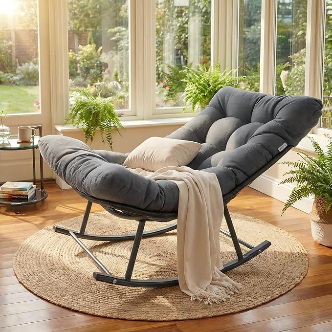 IRONCK Papasan Rocking Chair with Cushion, Patio Wicker Rocking Chair, Metal Frame Egg Rocker, 450lbs Capacity, Indoor Outdoor Lounge for Garden, Porch, Living Room, Balcony, Gray