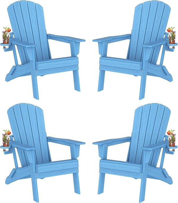 Plawdlik Folding Adirondack Chair Set of 4 with Cup Holder, SGS Tested, HDPE Heavy All-Weather, Wooden Textured - Photo 1