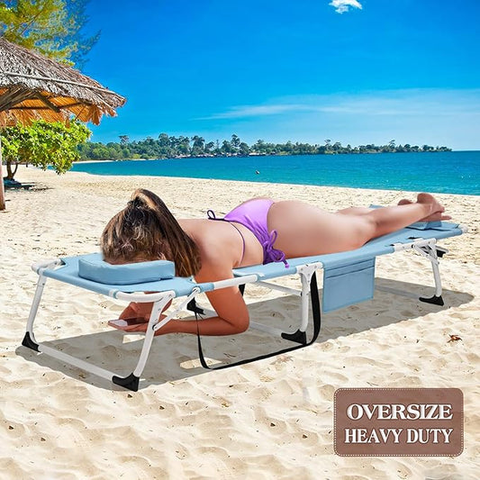 DoCred Heavy Duty XXL Tanning Chair with Face Hole&Mat, Oversized 5-Position Folding Chaise Lounge Chairs for Outside, Portable Beach Lounge Chair for Outdoor Sunbathing Beach Pool Lawn Camping