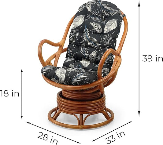 Wickerix Java Lounge Swivel Rocking Chair with Black Leaf Cushion Natural Rattan Wicker Handmade, Colonial Color