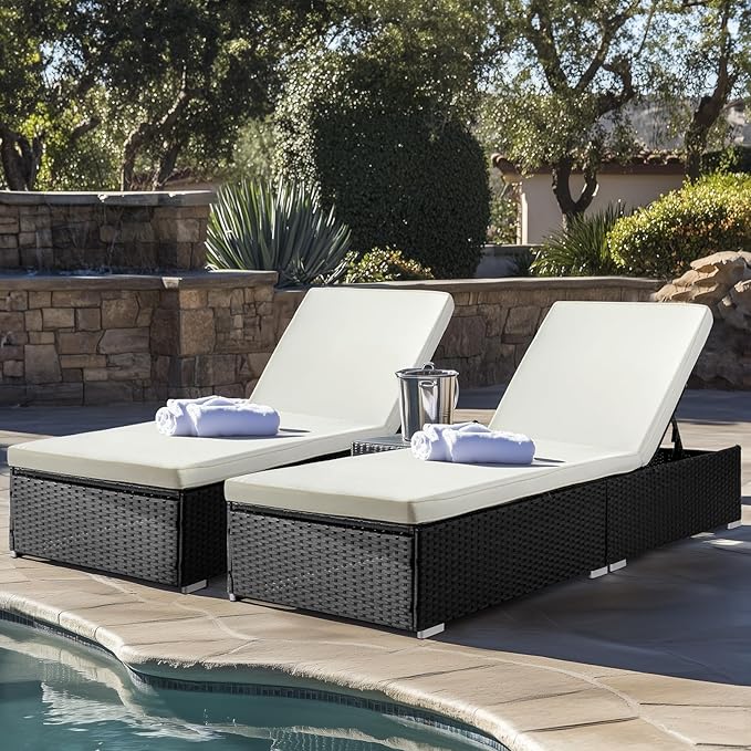 VINGLI Outdoor Chaise Lounge, Wicker Recliner w/Adjustable Backrest, Thick Water Repellent Cushions, Patio Rattan Lounge Chairs for Lawn, Beach, Balcony, Poolside (Black)