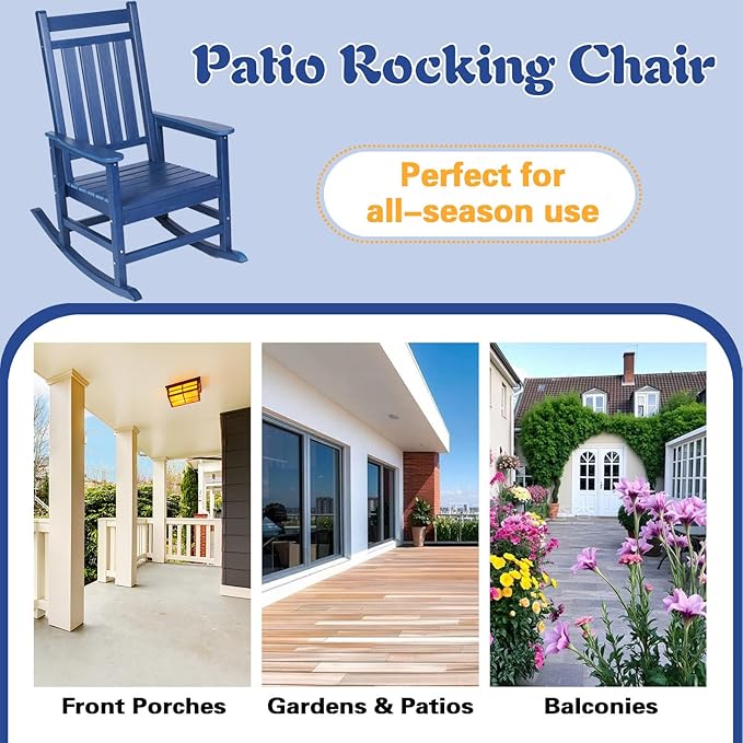 Outdoor Rocking Chair for Adults, High Back Patio Rocking Chair, HDPE All Weather Resistant Porch Rocker for Lawn, Porch, Backyard, Indoor and Garden (Navy Blue)