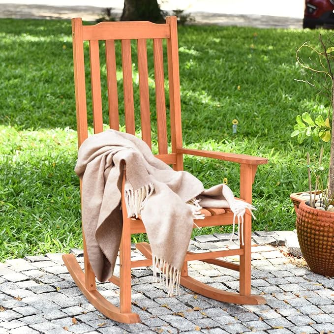 Giantex Porch Rocking Chair Outdoor and Indoor Use, Solid Eucalyptus Wood Rocker with Natural Finish, Front Porch Chairs for Patio Deck Garden, Wooden Rocking Adirondack Chair Set