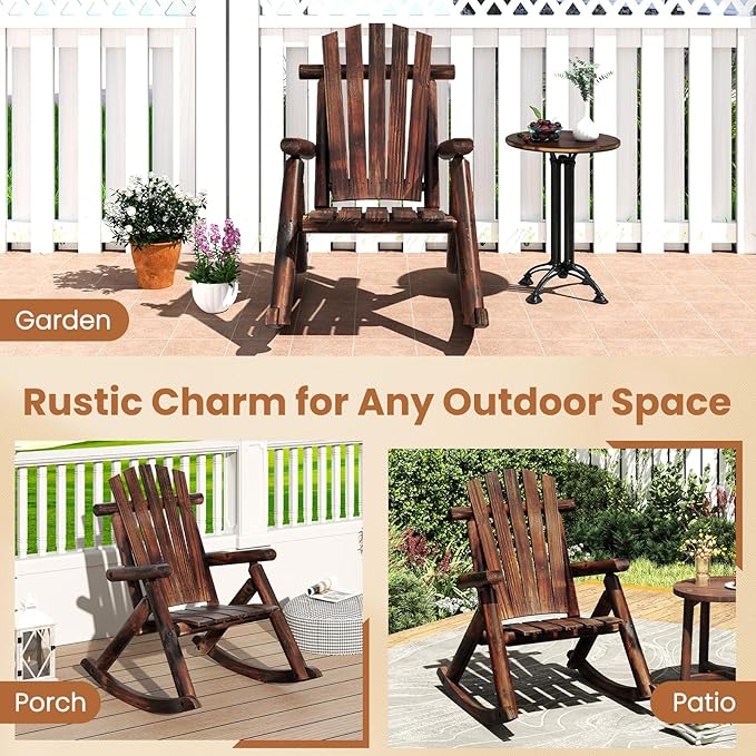 Giantex 2 Pcs Outdoor Wooden Rocking Chair, Adirondack Porch Rocker with High Back and Wide Seat, Rustic Log Patio Chair for Front Porch Backyard Garden Balcony Deck, Brown (27”x36”x 38”)
