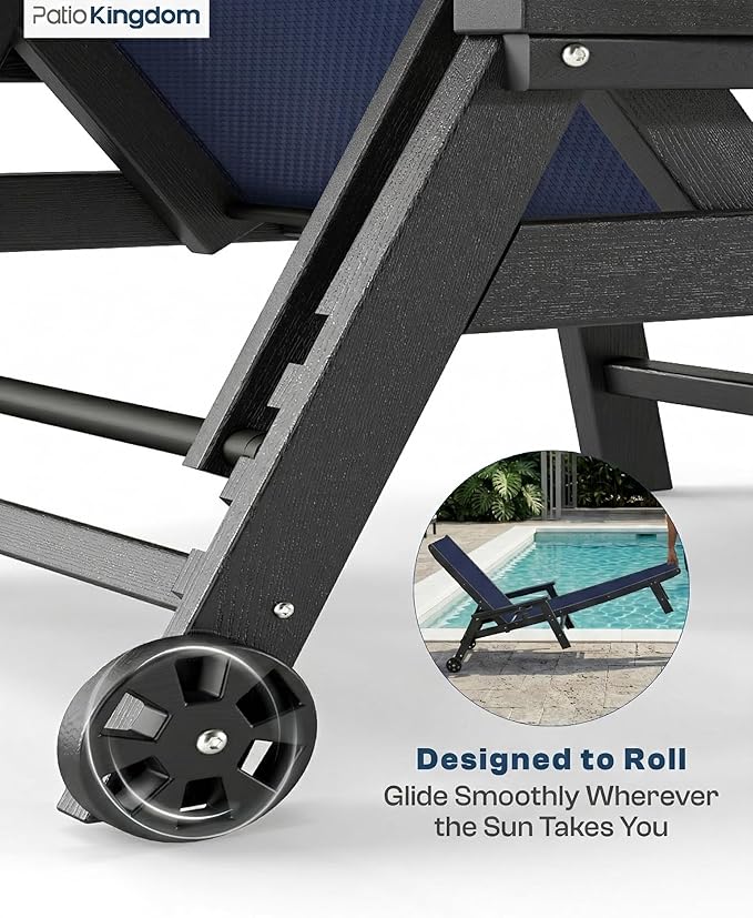 Patio Chaise Lounge Chair with Wheels & Cup Holder, HDPE Textilene Outdoor Lounge Chair 5 Positions Adjustable for Poolside Deck Patio Backyard (2, Grey Frame, Navy Textilene)