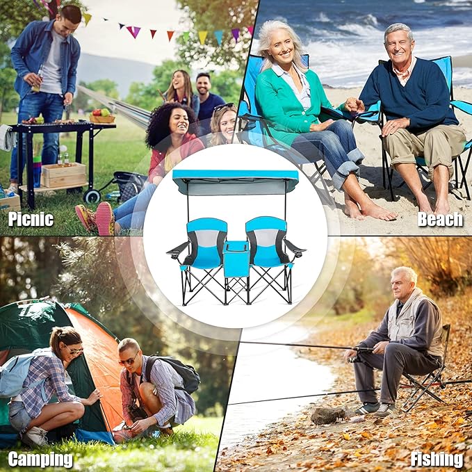 S AFSTAR Double Camping Chair w/Shade Canopy, 2-Person Folding Camp and Beach Chair with Mini Table Beverage Cup Holder Carrying Bag, Collapsible Camping Chairs for Garden Patio Pool Beach