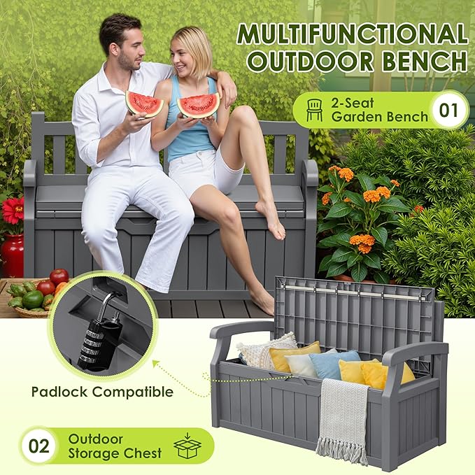 Greesum 80 Gallon Heavy-Duty Outdoor Storage Bench with Cushion, UV-Resistant Resin Bench with Armrest, Deck Box for Garden, Poolside, Patio, Dark Grey