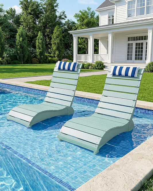 Pool Lounge Chairs Set of 2, HDPE Adjustable Chaise Chairs with Headrest, Weighted Fade-Resistant Pool Chairs and Lounger for Baja Ledge,Poolside and Deck, Aruba Blue