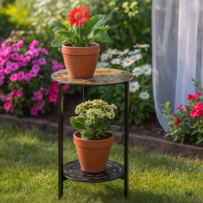 2-Tier Metal Round Side Table Black Accent Coffee Tables Small Space Corner Plant Stand Shelf for Indoor Outdoor Use Patio Balcony End Table Flower Print Weather-Resistant