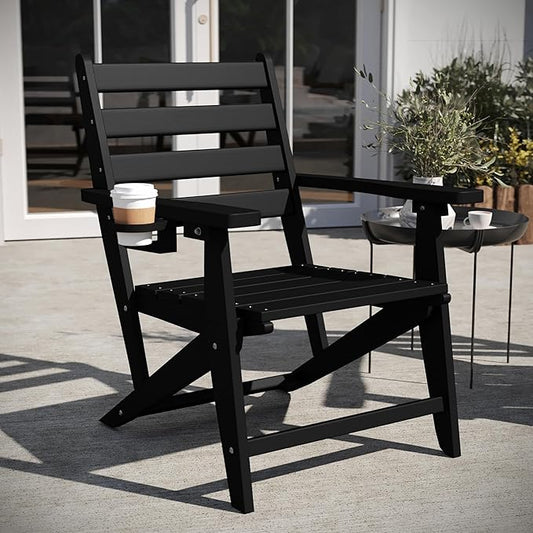 Flash Furniture Tolleson Adirondack Dining Chair with Cup Holder, Commercial Weather Resistant Recycled HDPE Adirondack Chair, Fold Out Cupholder, Black