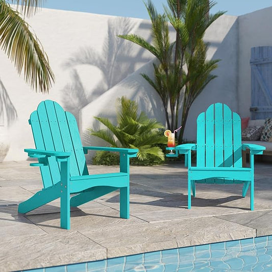 LUE BONA HDPS Adirondack Chairs, 1 Chair, Long-Lasting All-Season Outdoor Patio, Hidden Cup Holder, 350 LBS, Arube Blue