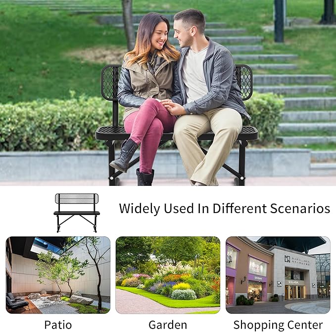 4FT Outdoor Metal Bench with Backrest & Portable Frame, Garden Patio Bench for 1-3 People, Park Benches for Outside Rust Proof, Commercial Heavy Duty Park Bench, Yard, Front Porch, School