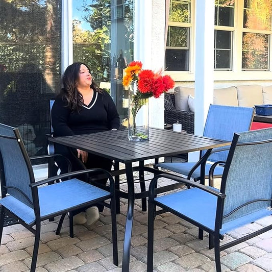 HERA'S HOUSE 37" Square Outdoor Dining Table for 4, 4-Person Metal Steel Slat Patio Table with Umbrella Hole for Lawn Garden Backyard, Black