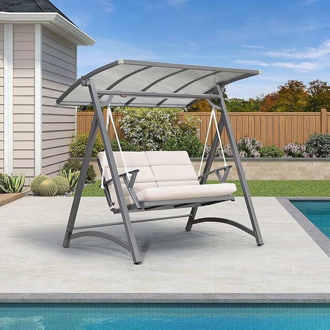 PURPLE LEAF Porch Swing 2 Person Patio Swing Chair with PVC Canopy Outdoor Deluxe Modern Yard Hammock Swinging Chairs w/Solar LED Light and Cushions for Backyard Glider Outside Loveseat Bench