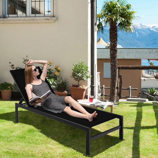 Giantex Set of 2 Patio Chaise Lounge Chair, Outdoor Sunbathing Chair Lawn Reclining Lounger with 6 Adjustable Position, Aluminium Frame, Tanning Chairs for Deck,Yard, Pool Lounge Chairs (2, Black)