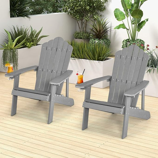 Giantex Outdoor Adirondack Chair - Oversized Patio Chairs w/Hidden Cup Holder, Realistic Wood Grain, 380 LBS Weight Capacity, Weather Resistant Firepit Chairs for Backyard, Garden (2, Light Grey)