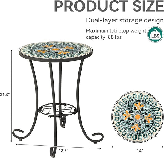Side Table Outdoor, Mosaic Patio Table with Planter Stand, 22" H Iron Coffee End Table, Weather-Resistant Tile Top Metal Drink Bar Table for Indoor Garden Balcony Yard Bistro