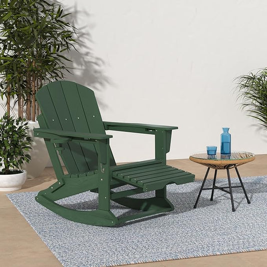 KINGYES Adirondack Rocking Chair Set of 2 with Retractable Ottoman and Cup Holders, HDPE Adirondack Rocker Patio Rocking Chair for Porch, Patio, Balcony, Dark Green