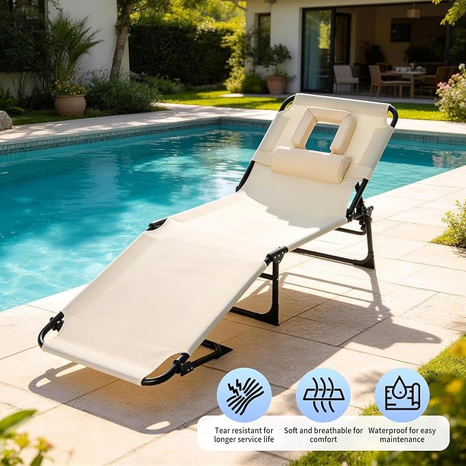 Tanning Chair with Face Hole Folding Beach Lounge Chair,5-Position Adjustable Backrest, Pillow & Side Pocket,Portable Face Down Chaise Lounge for Outdoor Backyard Poolside,Beach, Patio,Beige