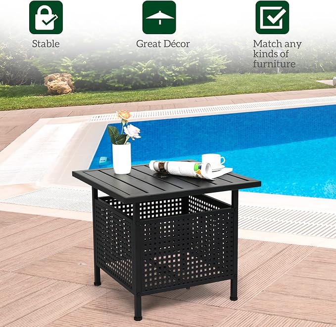 VINGLI Outdoor Side Table with Umbrella Hole 1.57" Umbrella Stand Table, Metal Patio Side Table Coffee Table End Table for Garden, Pool, Deck