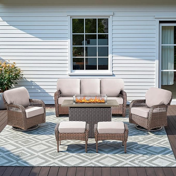Patio Furniture Set with Fire Pit Table - 6 Pieces All-Weather Wicker Outdoor Furniture with High Back Swivel Chairs - Photo 1
