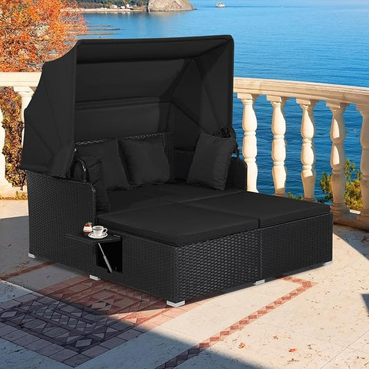 Moccha Outdoor Daybed with Retractable Canopy, Wicker Cabana with 2 Side Tables & Soft Cushions ,Hand-Woven PE Rattan Bed Lounger, Patio Sectional Furniture Set for Garden Backyard Porch (Black)