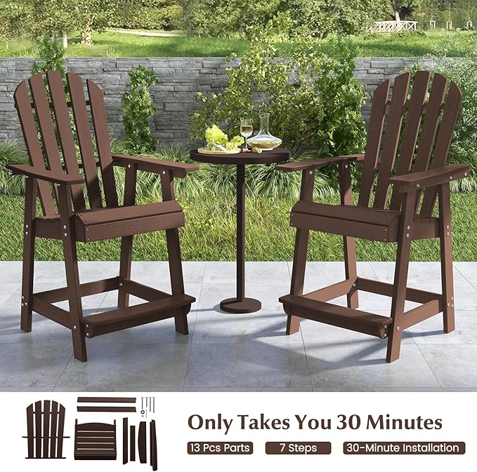 Tangkula Outdoor Bar Stool, HDPE Tall Adirondack Chair with Armrest & Footrest, Weather Resistant 47 Inch Counter Height Barstool Lifeguard Chair for Pool Deck Patio Garden, Balcony Chairs (2, Brown)