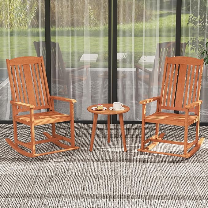 Giantex Outdoor Rocking Chair, Solid Wood High Back Rocker with Slatted Seat, Wide Armrests, Oversized Porch Rocker for Patio, Backyard, Garden and Lawn, 400 LBS Weight Capacity