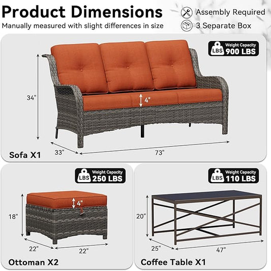 4-Piece Outdoor Couch Set, Includes Wicker Patio Sofa with Thickened Olefin Cushions, High Back and Deep Seating, Hand-Woven PE Rattan and 2 Ottomans, 1 Coffee Table for Porch, Deck