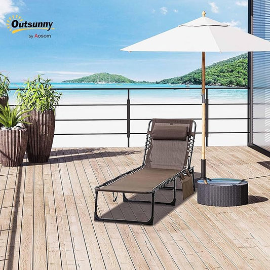 Outsunny Folding Chaise Lounge Chair, Patio Sun Tanning Chair, Outdoor Chaise Lounger with 5-Position Reclining Back, Breathable Mesh Seat for Beach, Poolside, Yard, Brown