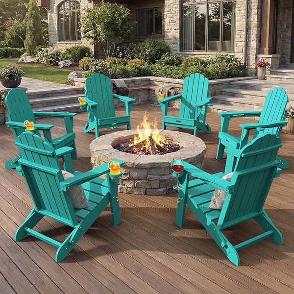 Adirondack Chairs Set of 6, Fire Pit Chairs, Wood Texture Patio Chairs with 2 Cup Holder, Outdoor Lawn Chair, Lakeblue - Photo 1