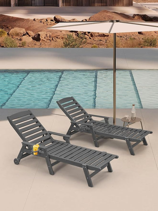 HDPE Patio Lounge Chair Set of 2, 78.4'' Outdoor Poly Lounge Chairs, 5-Position Adjustable Outdoor Lounger with Wheels & Cup Holder, HDPE Patio Chaise Lounges for Backyard, Deck, Smoke Gray