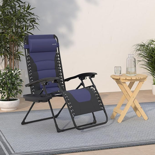 SereneLife Oversized Padded Zero Gravity Lounge Chair, Foldable Outdoor Patio Recliner, Anti Gravity Lawn Recliner with Cup Holder and Side Table for Backyard, Camping, Beach or Outdoor Relaxation