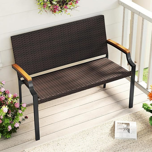 Tangkula Stackable Patio Wicker Loveseat Bench, 2-Person Rattan Outdoor Bench with Acacia Wood Armrests & Metal Frame, Rattan Conversation Furniture for Backyard, Garden, Balcony, Porch (2,Mix Brown)