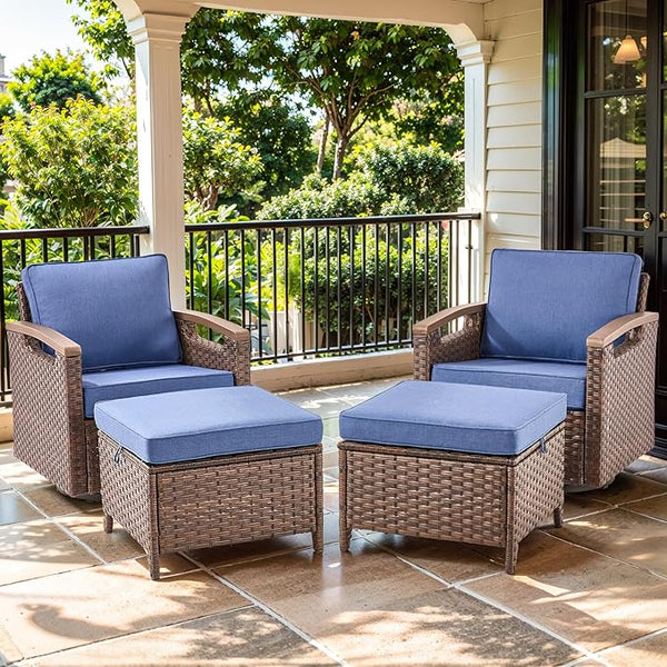 Luxury Outdoor Swivel Rocker Patio Chairs with 2 Ottomans - 4 Piece Heavy Duty Furniture Set All Weather Wicker - Photo 1