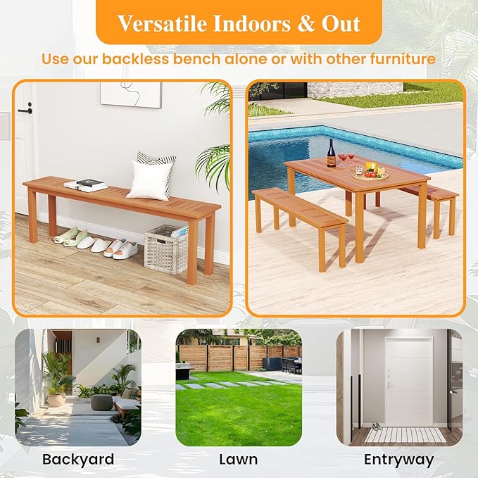 Tangkula Outdoor Wood Bench, 59” Long Patio Dining Bench, Backless Wooden Bench with Teak Oil Finish & Slat Seat, Accent Entryway Bench, Farmhouse Bench for Yard, Garden, Porch, Indoors