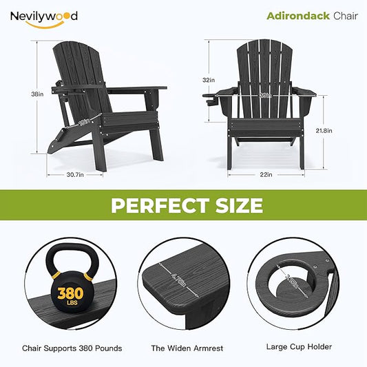 nevilywood HDPE Folding Adirondack Chair Set of 2,Waterproof All-Weather Outdoor Design with Cup Holder,Suitable for Patio for Fire Pit, Patio & Beach, Black