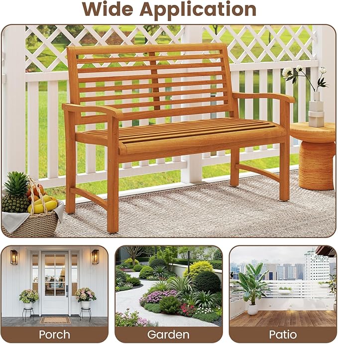 Tangkula Teak Wood Outdoor Bench with Backrest, Patio Garden Park Bench with Slatted Backrest & Seat, Curved Armrests, 800 lbs Capacity, 2-Person Outside Loveseat for Porch, Deck and Backyard