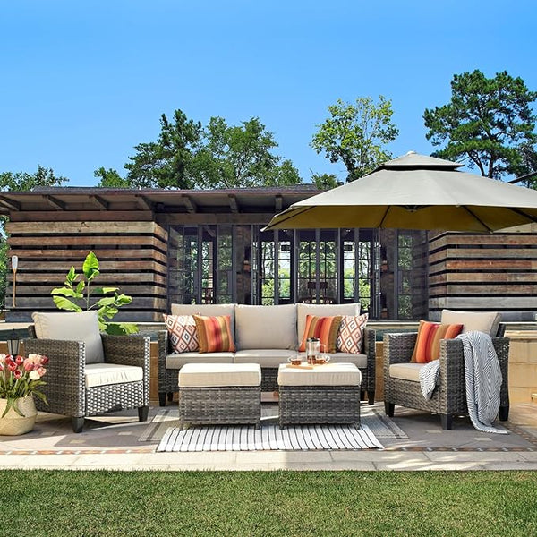 ovios Patio Furniture Set, 5 Pieces Outdoor Wicker Sofa Couch with Ottomans Comfy Cushions - Photo 1