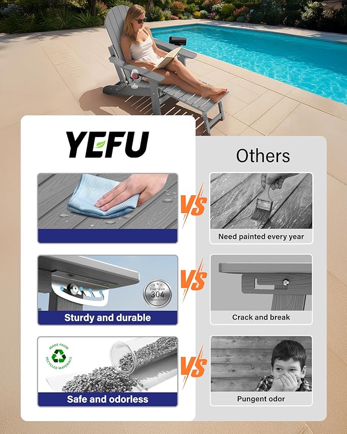 YEFU Folding Adirondack Chair Set of 4 with Footrest,Adjustable Adirondack Chair with Retractable Ottoman & 2 Cup Holder, 5-Level Adjustable Adirondacks Chairs, for Outdoor, Pool,Patio,Fire Pit (Grey)