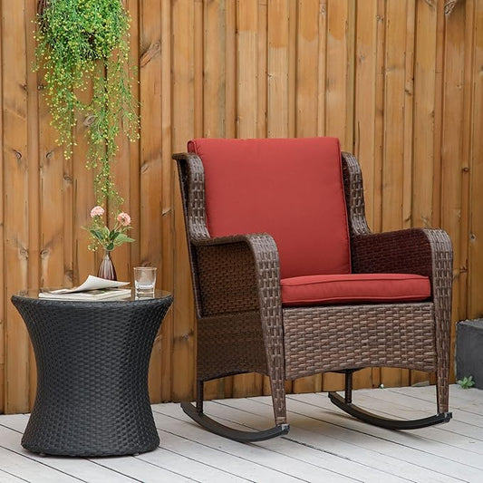Outsunny Outdoor Wicker Rocking Chair with Wide Seat, Thick Cushions, Rattan Rocker with Steel Frame, High Weight Capacity for Patio, Garden, Backyard, Wine Red