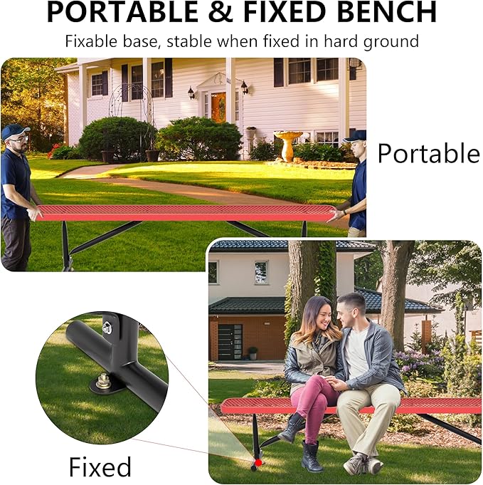 8FT Metal Park Bench for Outside, All-Weather Thermoplastic Coating Outdoor Bench with Anchor, Commercial Heavy Duty Benches for Shopping Malls, Stores, Parks, Patios, Decks, Red