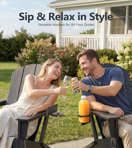 PASAMIC Adirondack Rocking Chairs Set of 2, Foldable All-Weather HDPE Patio Rockers with Retractable Ottoman & Cup Holder, Outdoor Chairs for Porch Backyard Pool Garden Balcony, Black