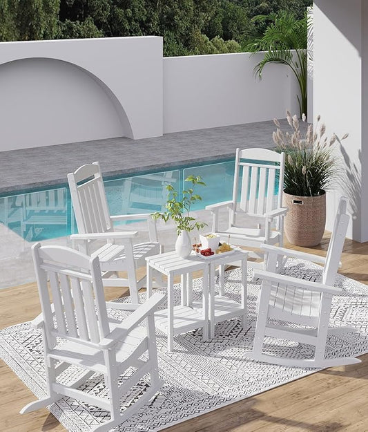 FOOWIN 3-Piece Outdoor Rocking Chairs Set, High Back Patio Rocker with Side Table, HDPE All Weather Resistant Oversized Rocking Chairs for Indoors, Porch, Patio, Backyard, White
