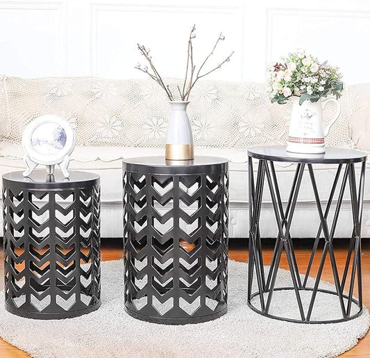 Y&M Set of 3 Stacking Coffee Tables for Living Room End Tables, Nesting Side Table, Outdoor Decorative Garden Stool with Heavy Duty Modern Industrial Decor - Black (Ship from US)