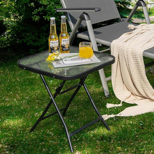 Giantex Folding Side Table, Square Small Patio Table, Tempered Glass Tabletop, Steel Frame, Weather-Resistant Outdoor Indoor Use for Bistro Porch Garden Balcony 18"x18"x18.5"