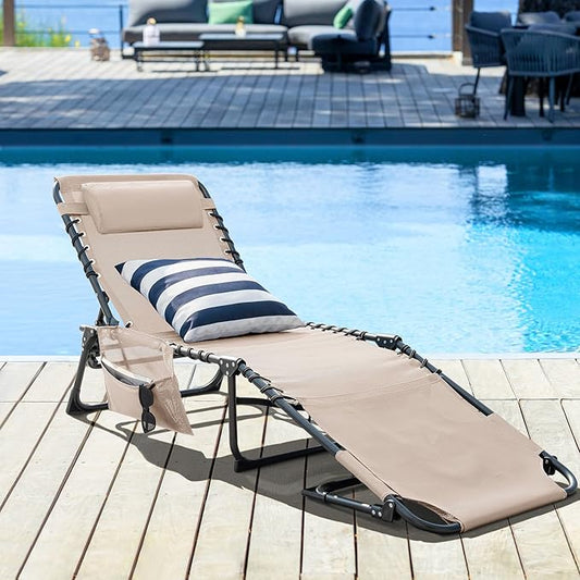 Greesum Chaise Lounge Folding Tanning Chair with 5 Position Adjustable Back, Detachable Pillow & Pocket for Outside Pool, Beach, Sunbathing, Beige w/Face Hole